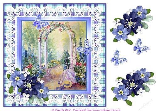 8x8 watercolour card topper of a garden archway and decoupage