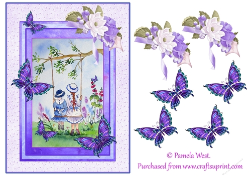 A5 watercolour card topper of children on a swing and decoupage