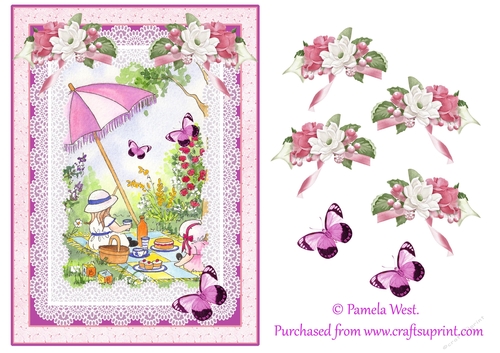A5 watercolour card topper of children having a picnic and decoupage