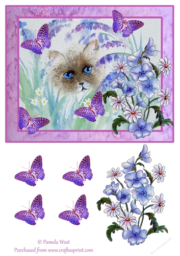 A5 card topper , cat with blue flowers and butterflies