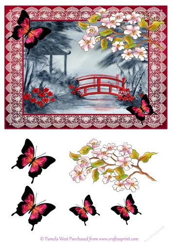 A5 card topper. Oriental garden with Bridge and Apple Blossom Decoupage 