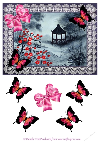 A5 card topper. Oriental garden with Butterflies and Bows Decoupage 