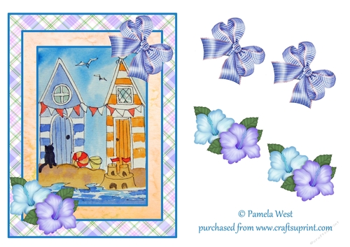 A5 beach scene with beach huts and black cat. Card topper with decoupage