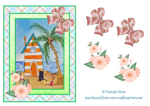 A5 beach scene with Palm tree beach huts and black cat. Card topper with decoupage