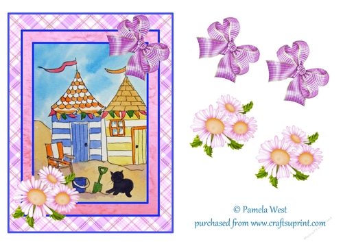 A5 beach scene with beach huts. bucket and spade and black cat. Card topper with decoupage