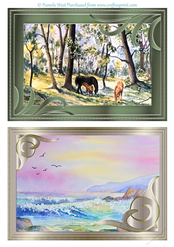 2 A5 card toppers. New Forest Ponies and Seascape. suitable for mens / male cards