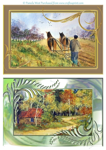 2 A5 card toppers. Ploughing the field and Cabin in the Woods. suitable for mens / male cards