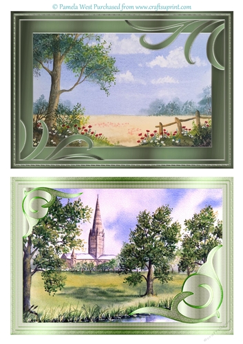2 A5 card toppers. Poppies in the cornfield and Salisbury Cathedral. suitable for mens / male cards
