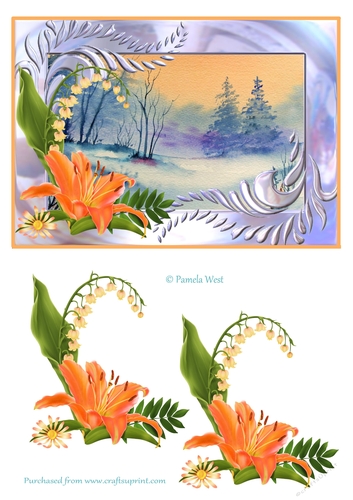 Apricot Sky A5 card topper with lilies decoupage.