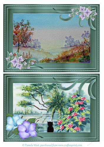 2 A5 card toppers Autumn Mists and Cat by the pond