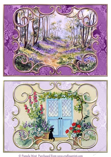 2 A5 Card toppers. Bluebell Wood and Cat by the Door
