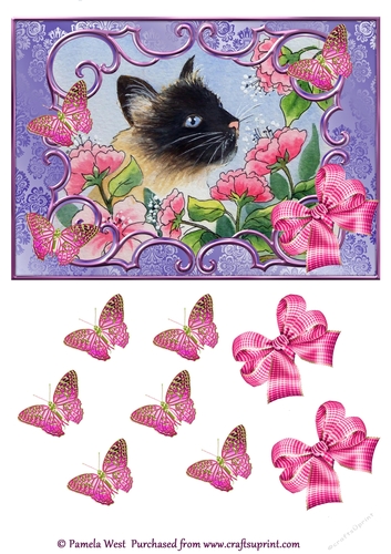 A5 card topper.  Cat with butterflies and bows