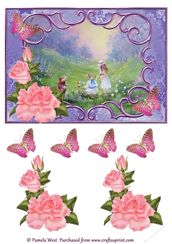 A5 card topper. Picking flowers in the Meadow  with floral decoupage
