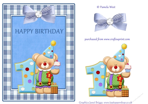 Boy Happy 1st birthday card topper with bear and bow decoupage