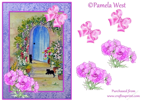 A5 cats by the cottage door. card topper with decoupage