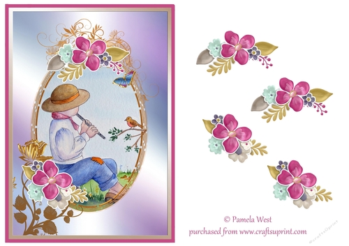 A5 card topper boy playing the flute with decoupage