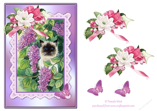 A5 card topper Cat and Lilacs with decoupage