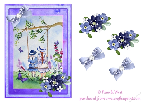 A5 card topper Playing on the swing with decoupage