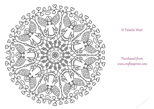 Angels and Hearts Mandala, Colouring page. digi stamp, coloring sheet