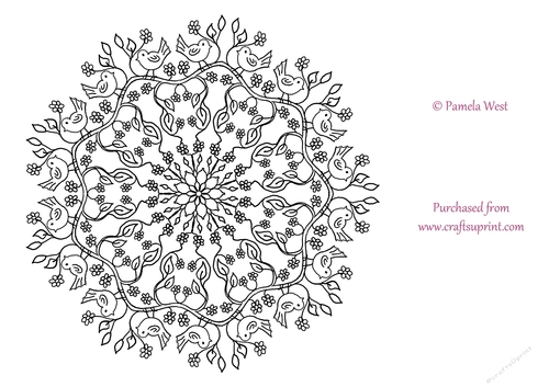 Birds and Flowers Mandala, Colouring page. digi stamp, coloring sheet