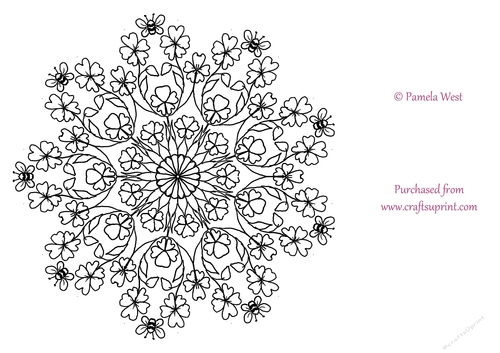 Bees and primroses Mandala, Colouring page. digi stamp, coloring sheet