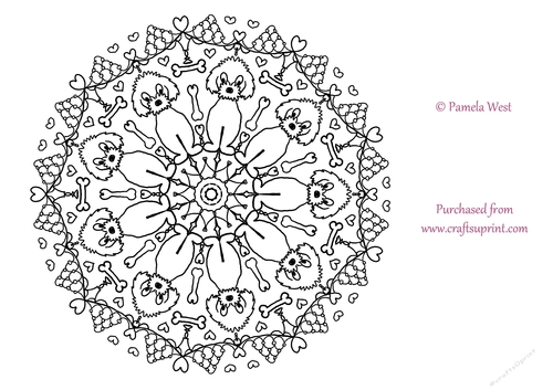 Dog and Bone 2 Mandala, Colouring page. digi stamp, coloring sheet