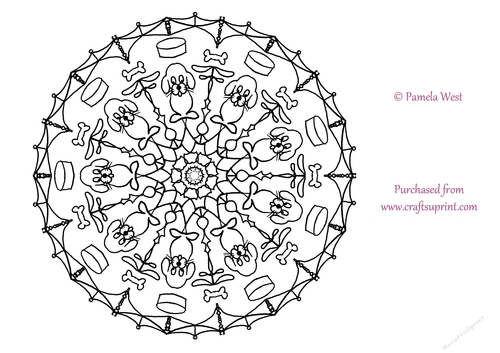 Dog and Bones Mandala, Colouring page. digi stamp, coloring sheet
