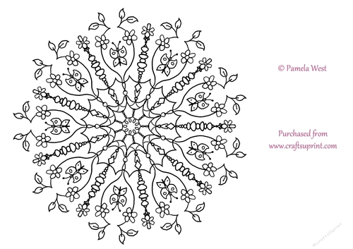 Flowers and Butterflies Mandala, Colouring page. digi stamp, coloring sheet