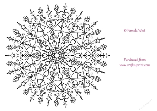 Hearts and Flowers Mandala, Colouring page. digi stamp, coloring sheet