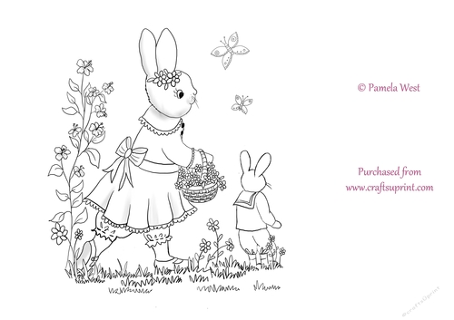 Rabbits picking flowers digital stamp, Colouring page. digi stamp, coloring sheet