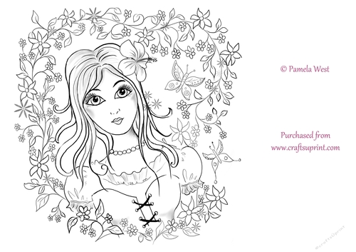HIbiscus Fairy Digital Stamp, colouring page. digi stamp Coloring