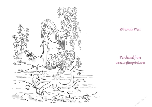 Mermaid Digital Stamp, colouring page. digi stamp Coloring