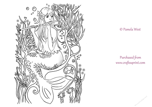 Mermaid Playing a flute Digital Stamp, colouring page. digi stamp Coloring