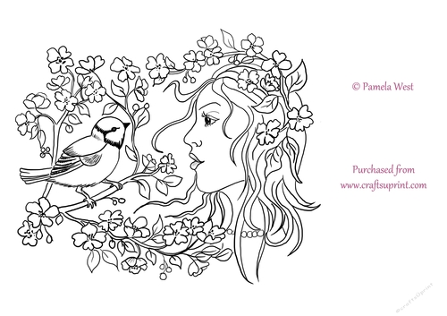 Fairy and Bluetit Digital Stamp. Colouring page, digistamp, coloring sheet