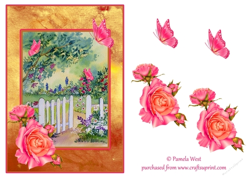 A5 Card topper The Garden Gate with rose and bow decoupage