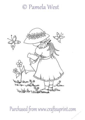 Girl Watering the Garden Digital Stamps, Digi Stamp. Colouring Page. Coloring Sheet