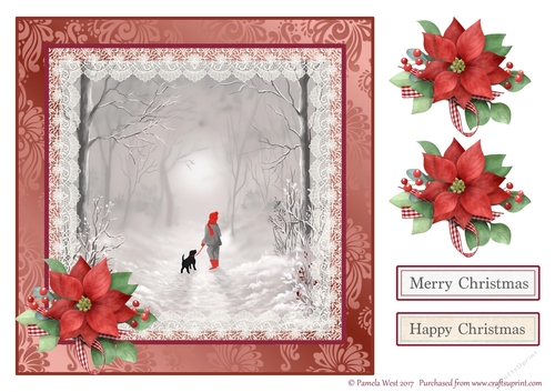 8 x 8 Walking the Dog in the Snow Mini Christmas card kit with poinsettia