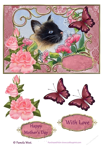 Mothers day 2 or birthday card with cat and flowers