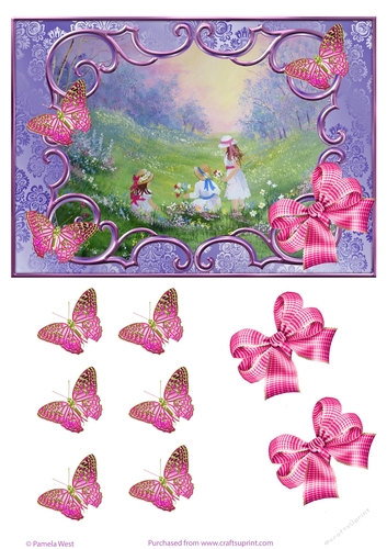 Children in the Meadow Card topper with butterflies and bow decoupage