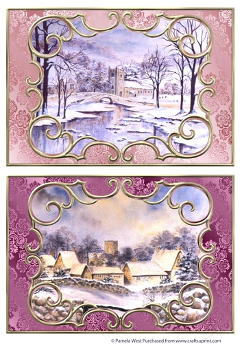 2 A5 card toppers Church in Snow and Cotswold Village Card 