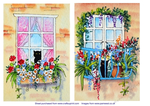 Cat and Windowbox and Cat on the Balcony. Original Art for Designer Resource or Card Topper