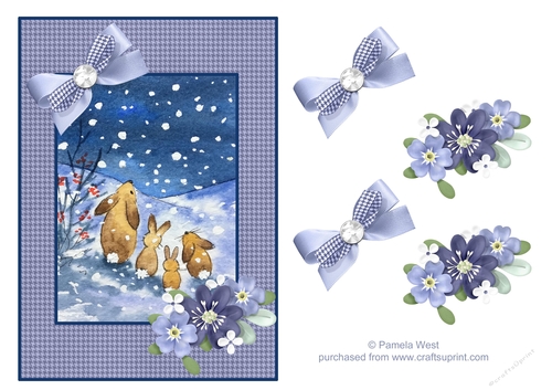 Bunny Family in Snow, card with floral decoupage