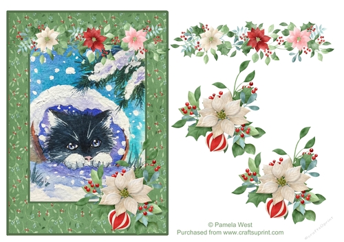 Cute Cat sheltering in Snow, card with floral decoupage