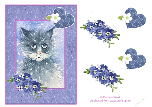 Grumpy Cat in Snow, card with floral decoupage