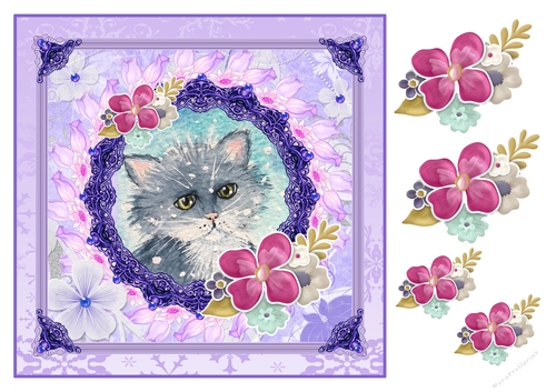8x8 Cute Grey Cat card topper with decoupage