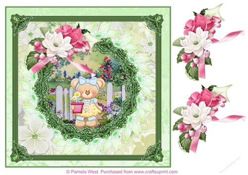 8x8 Cute Gardener card topper with decoupage