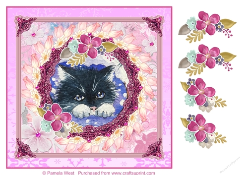 8x8 Black and White cat card topper with decoupage
