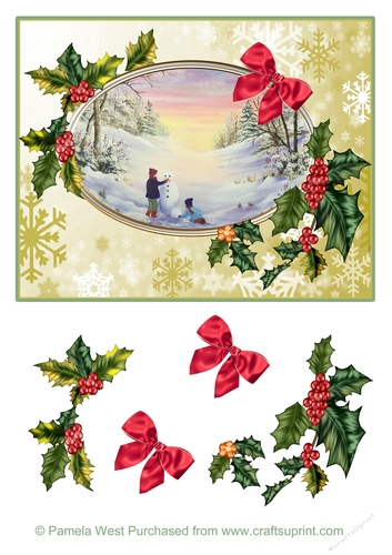 Winter scene with Holly card topper with decoupage