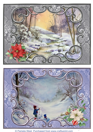 2 A5 card toppers, Sunset lake and Building a Snowman