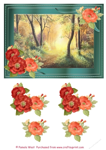 Sunlit Woodland. A5 card topper with Poppies decoupage